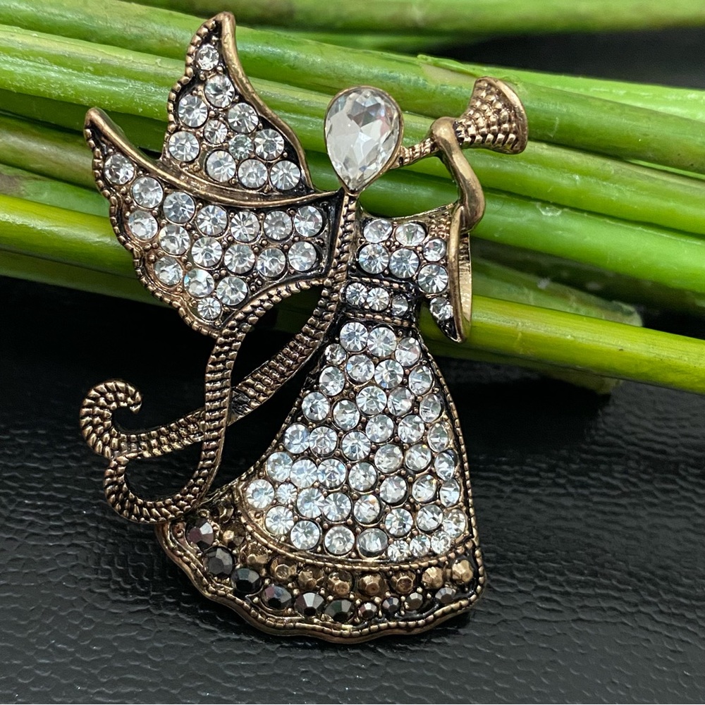 Vintage MONET Signed Antique Brass-tone Rhinestone Angel Playing Trumpet Brooch